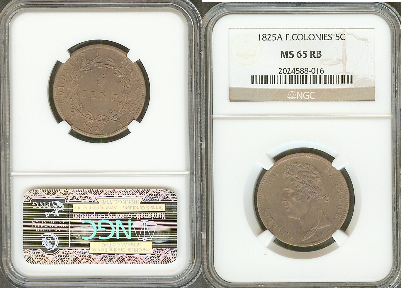 Charles X French Colonies 5 centimes 1825A NGC MS65